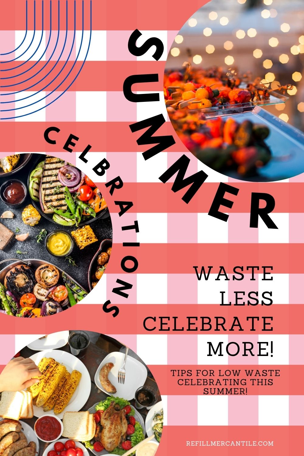 red and white checkered background with photos of food and words "Summer Celebrations"