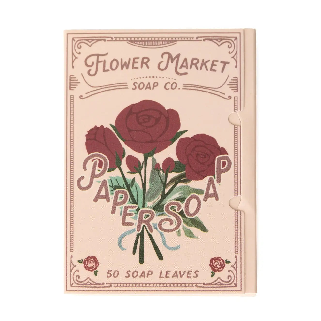 Flower Market Soap Co. paper soap packaging with red roses on a beige background Eco-friendly travel paper soap by 123 Farm in Cherry Valley, CA