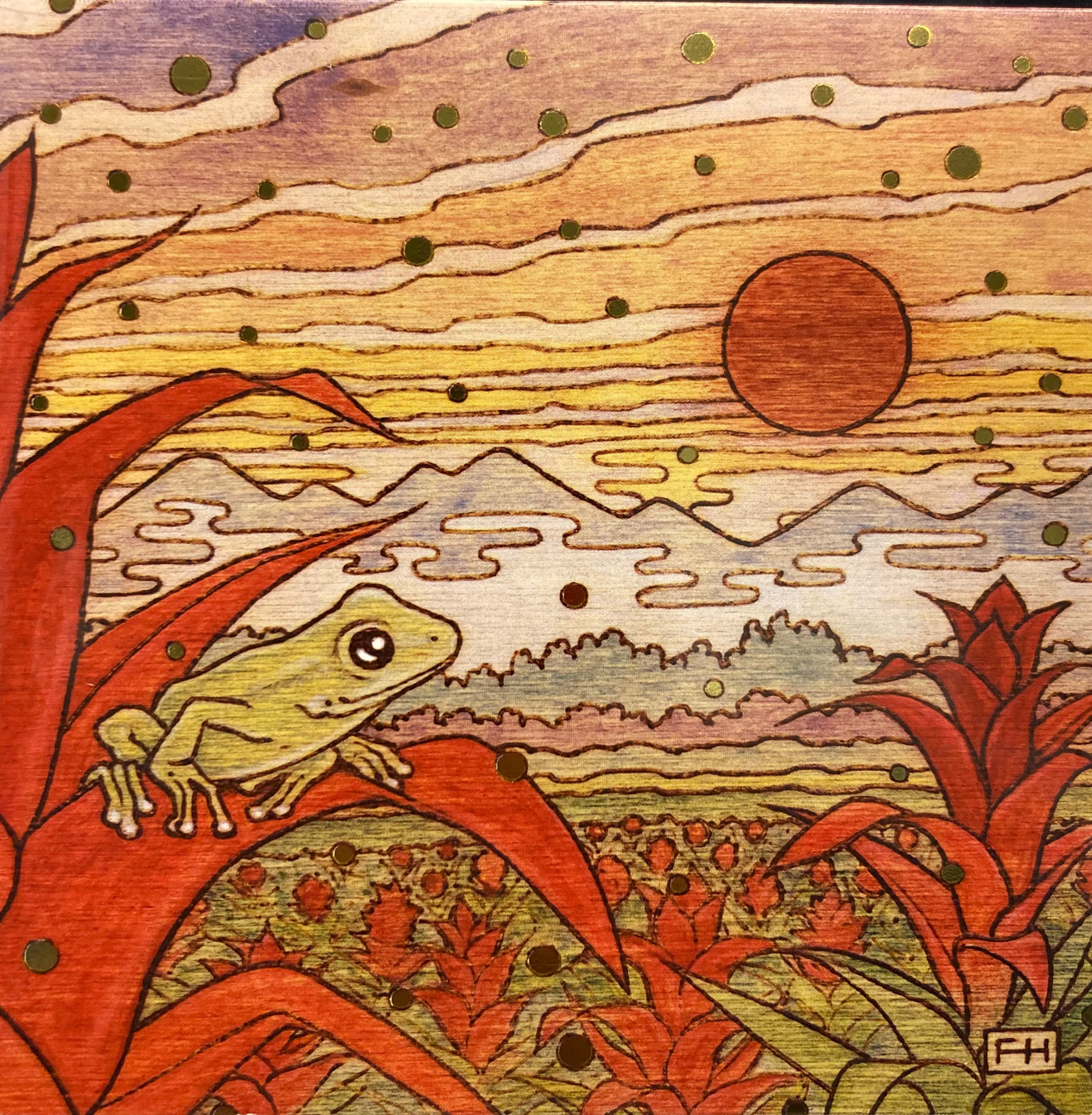 A stylized green frog sits on red leaves before a sunset with mountains, clouds, and gold-dotted sky—capturing the vibrant charm of Fay Helfer&