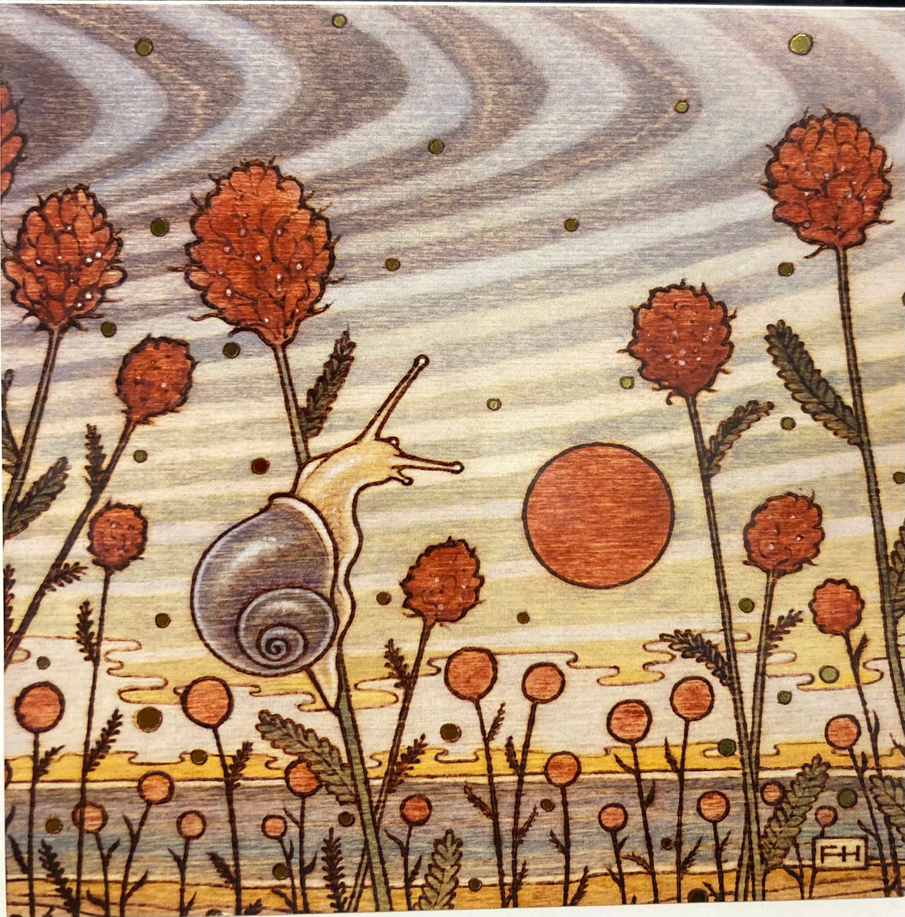 A stylized snail among tall reddish-orange flowers, under a swirling sky with a red sun and dotted stars, decorates the Artist Fay Helfer Greeting Cards by Fay Helfer—evoking a dreamy, whimsical landscape.