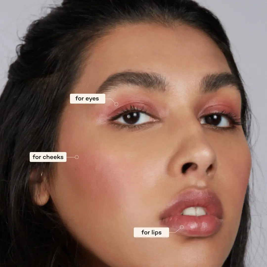 A close-up shows pink makeup on a woman’s eyelids, cheeks, and lips, applied with Axiology 3-in-1 Balmie Crayon Singles. Labels point to each area, reading “for eyes,” “for cheeks,” and “for lips.”.