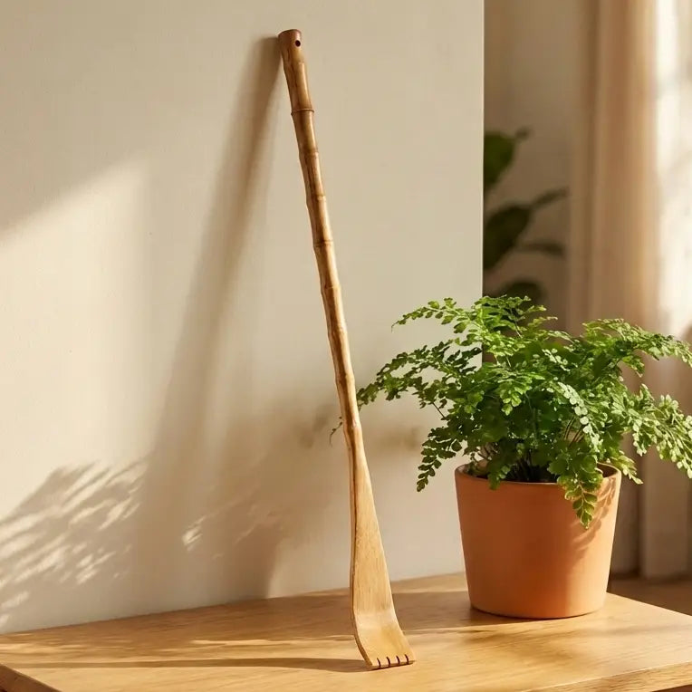 The Bamboo Switch Bamboo Backscratcher rests against a white wall on a wooden surface beside a potted green fern as sunlight brightens the cozy room.