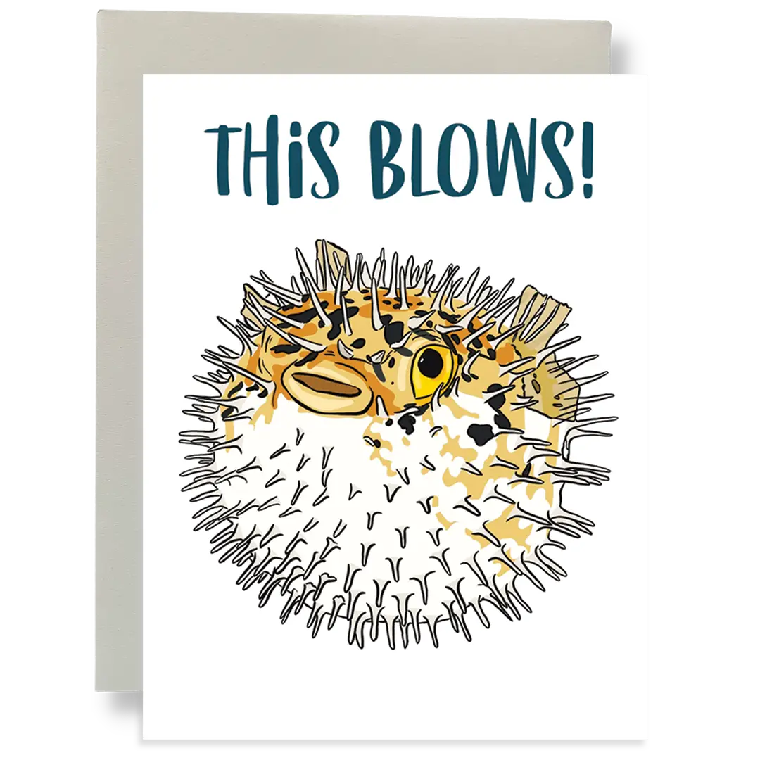 Bean Horse Car Designs Greeting Card features a puffed-up pufferfish with "THIS BLOWS!" in bold blue letters, plus a gray envelope in the background.