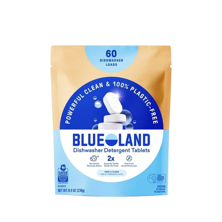 A tan and blue bag of Blueland Dishwasher Tablets, labeled “Powerful Clean & 100% Plastic-Free,” contains 60 Free & Clear loads. The packaging features stacked white tablets, emphasizing these plastic-free Blueland Dishwasher Tablets as an eco-friendly option for sparkling dishes.