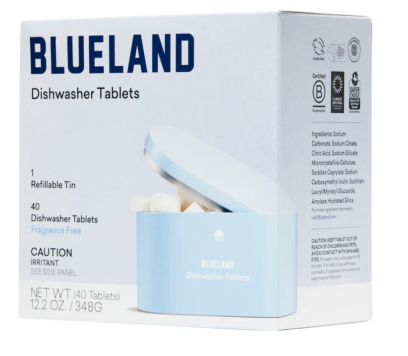 Blueland Dishwasher Tablets come in a plastic-free box with a refillable tin holding 40 fragrance-free tablets. The packaging highlights certifications, ingredients, and supports a zero waste dishwasher detergent routine.