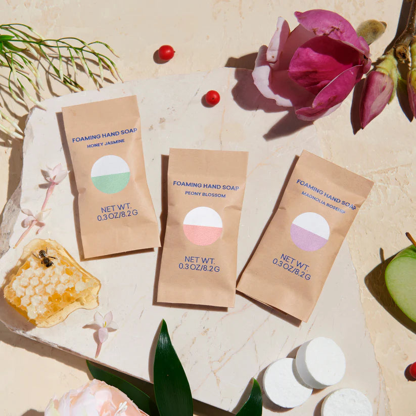 blueland foaming hand soap tablets 3 pack with flowers and honey around it