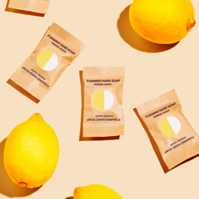 blueland foaming hand soap tablet pouches with lemons