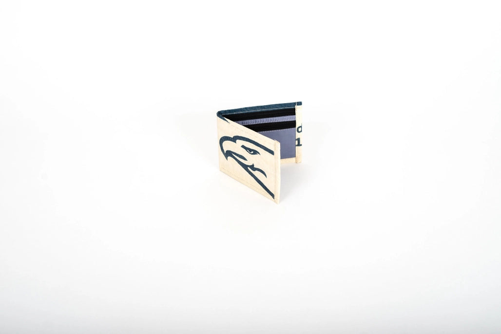 white bifold wallet with blue eagle