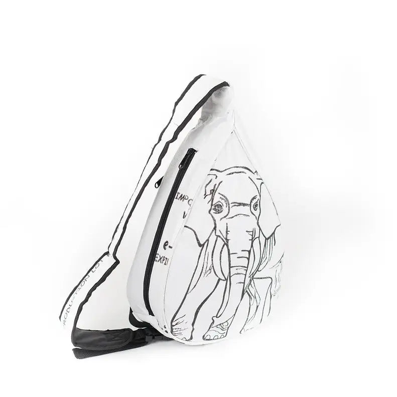 White bag with black elephant design on a white background