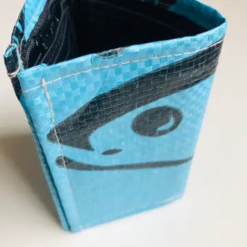 Blue wallet with black pattern on a white background