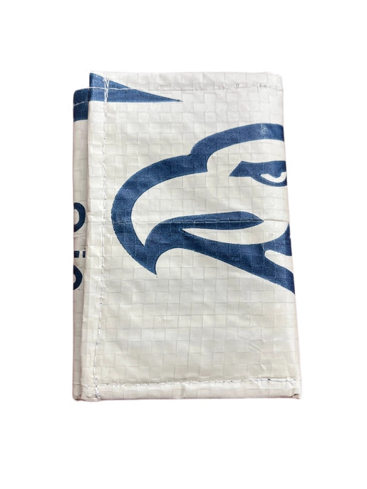 white trifold wallet with blue eagle