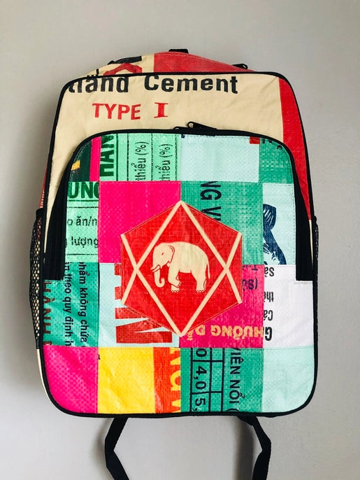 large multi colored backpack with elephant
