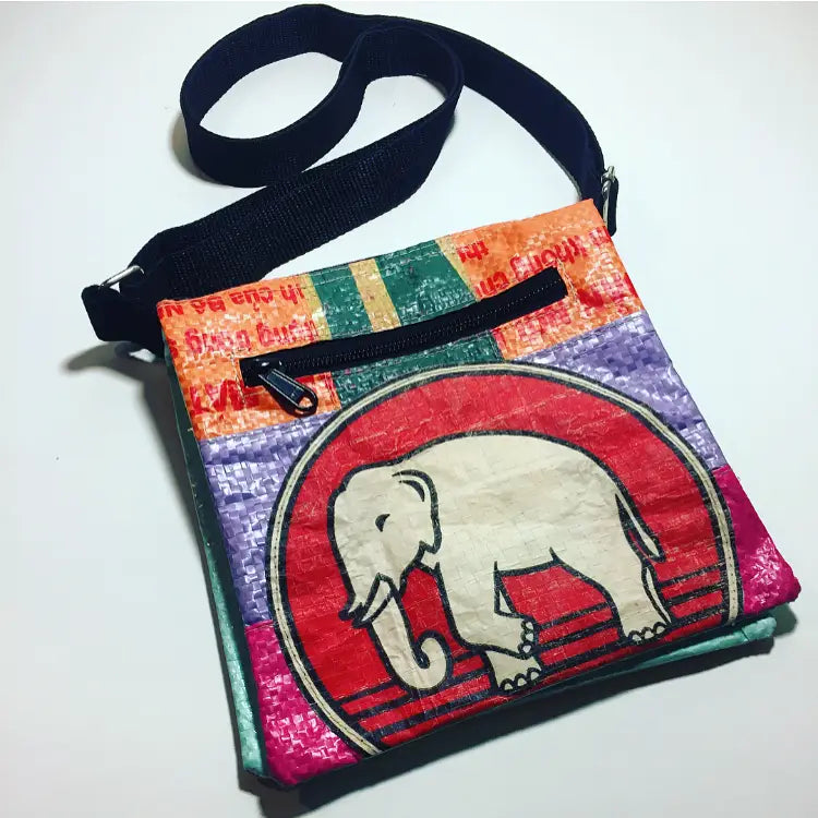 Colorful bag with an elephant design on a white background