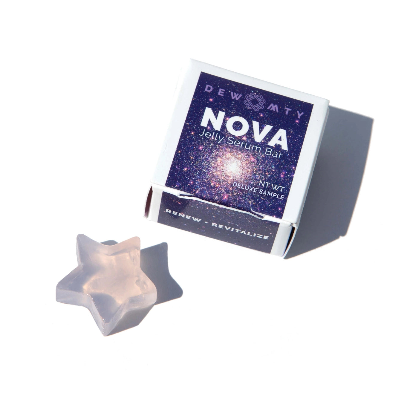 Star-shaped jelly serum bar with Dew My Nova packaging on a white background