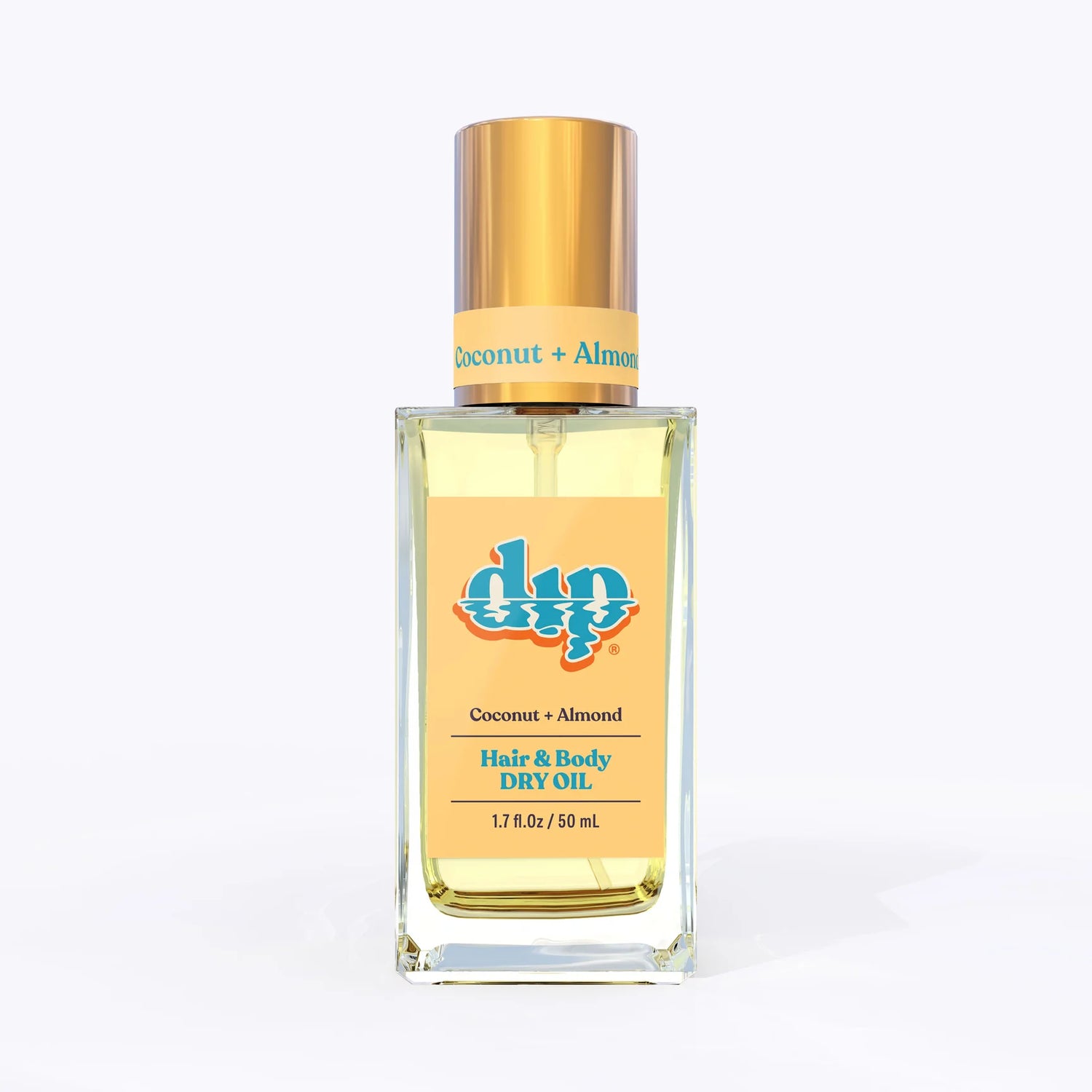 dip hair and body dry oil in a clear bottle with gold lid-coconut almond