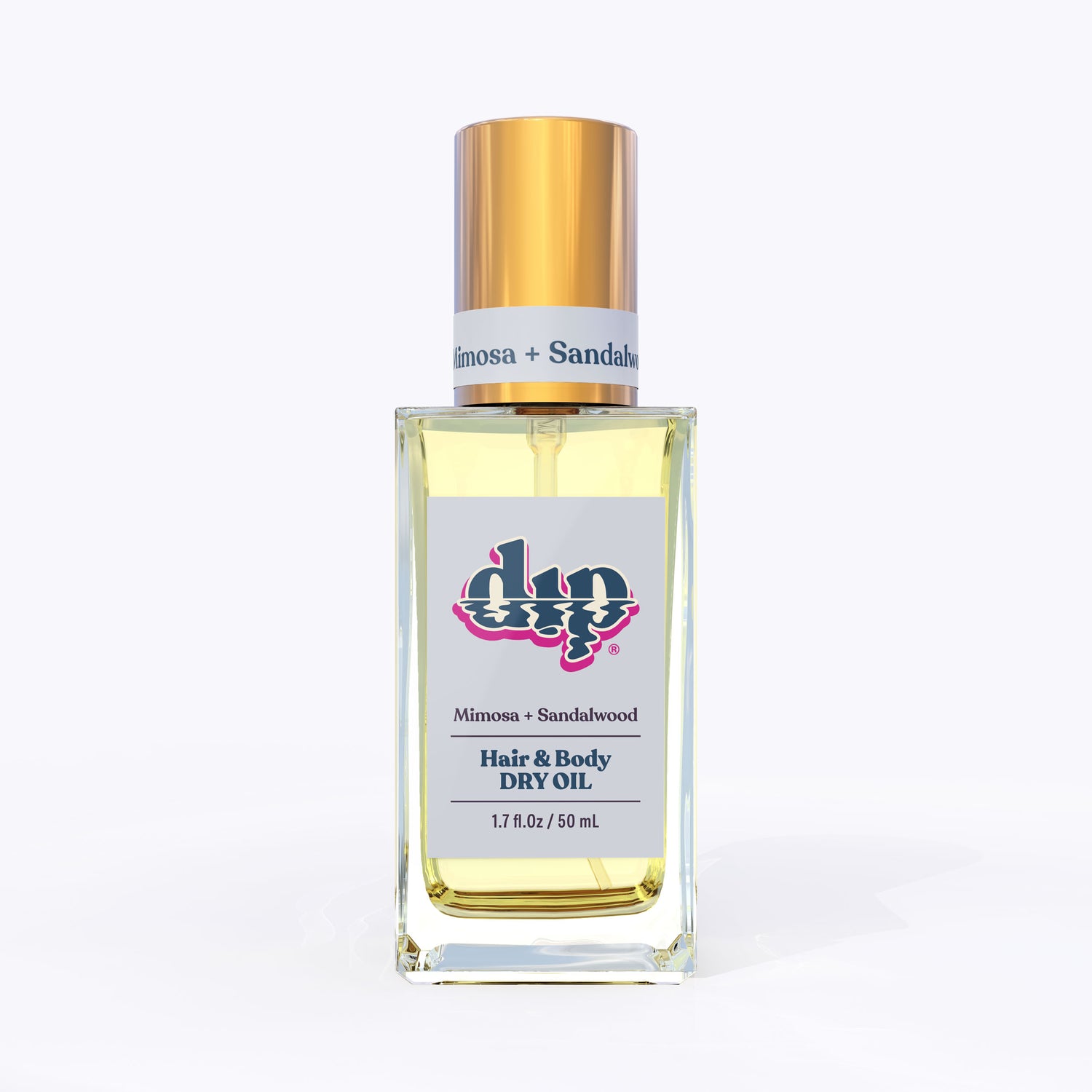 dip hair and body dry oil in a clear bottle with gold lid-mimosa sandalwood