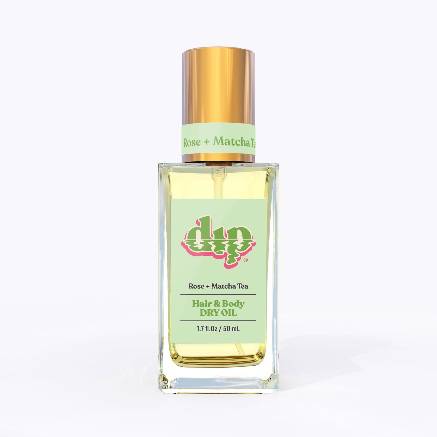 dip hair and body dry oil in a clear bottle with gold lid-rose matcha