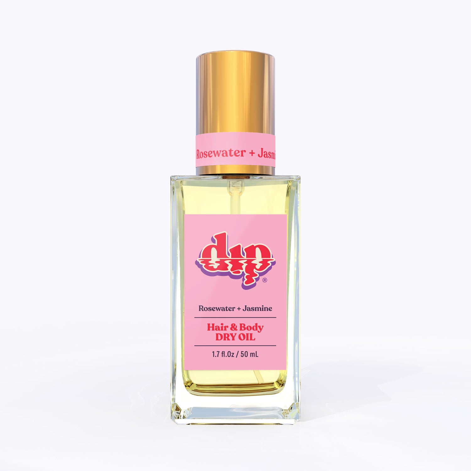 dip hair and body dry oil in a clear bottle with gold lid-rosewater jasmine