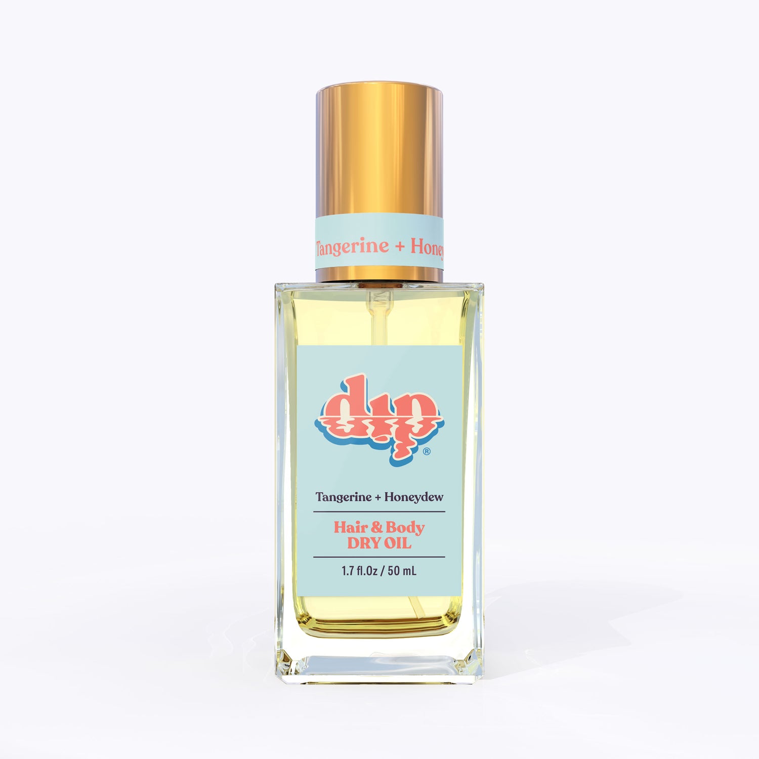 dip hair and body dry oil in a clear bottle with gold lid-tangerine honeydew