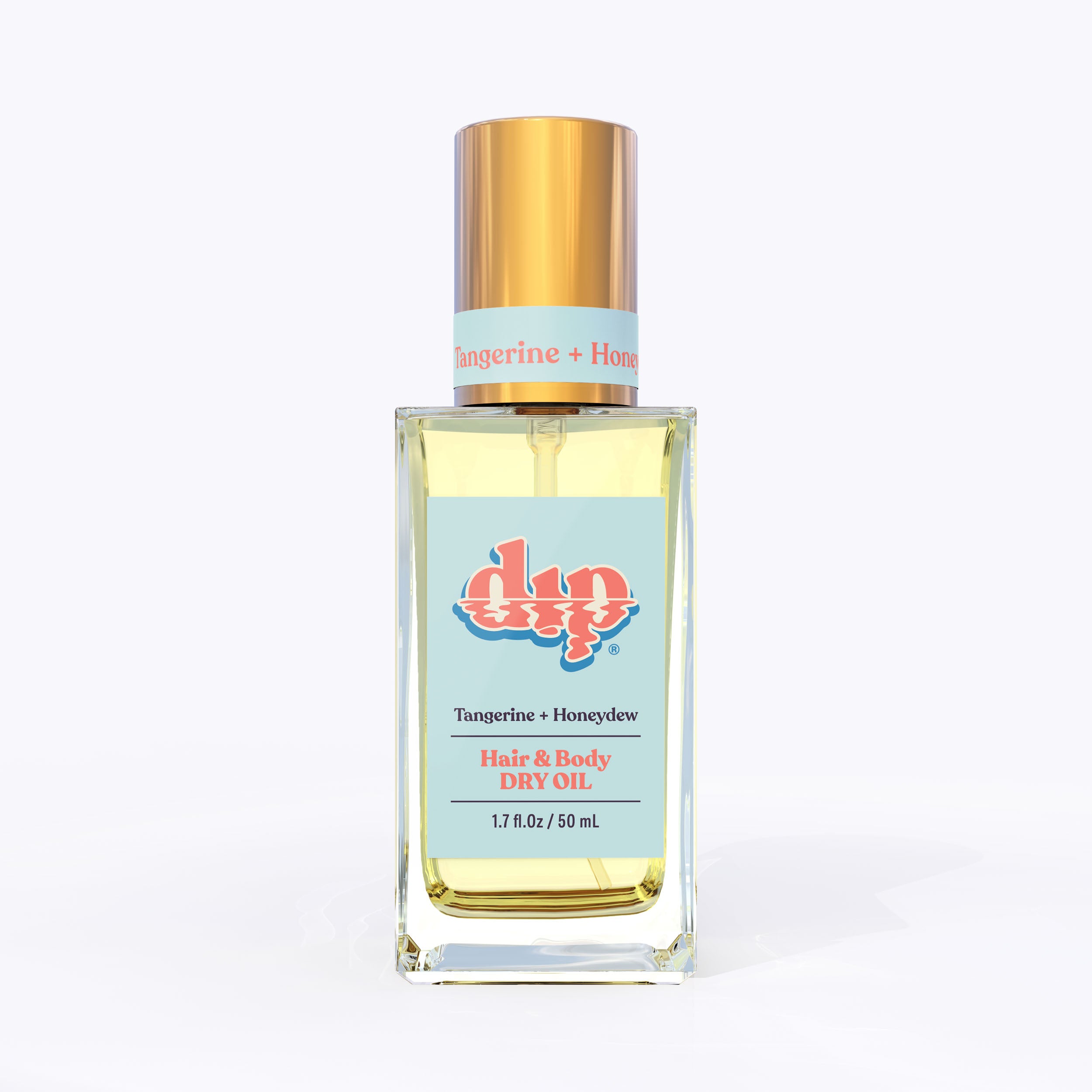 dip hair and body dry oil in a clear bottle with gold lid-tangerine honeydew