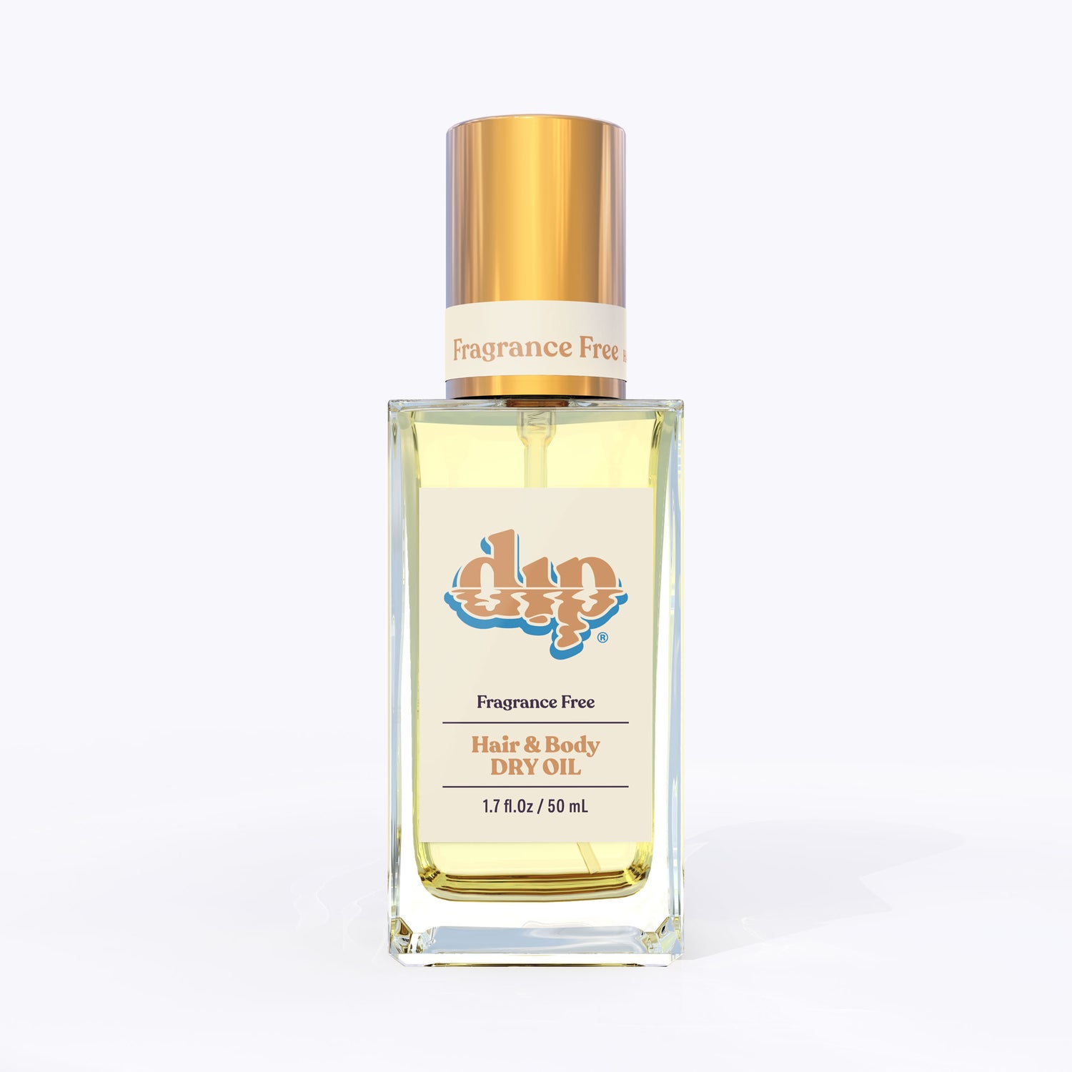 dip hair and body dry oil in a clear bottle with gold lid-unscented