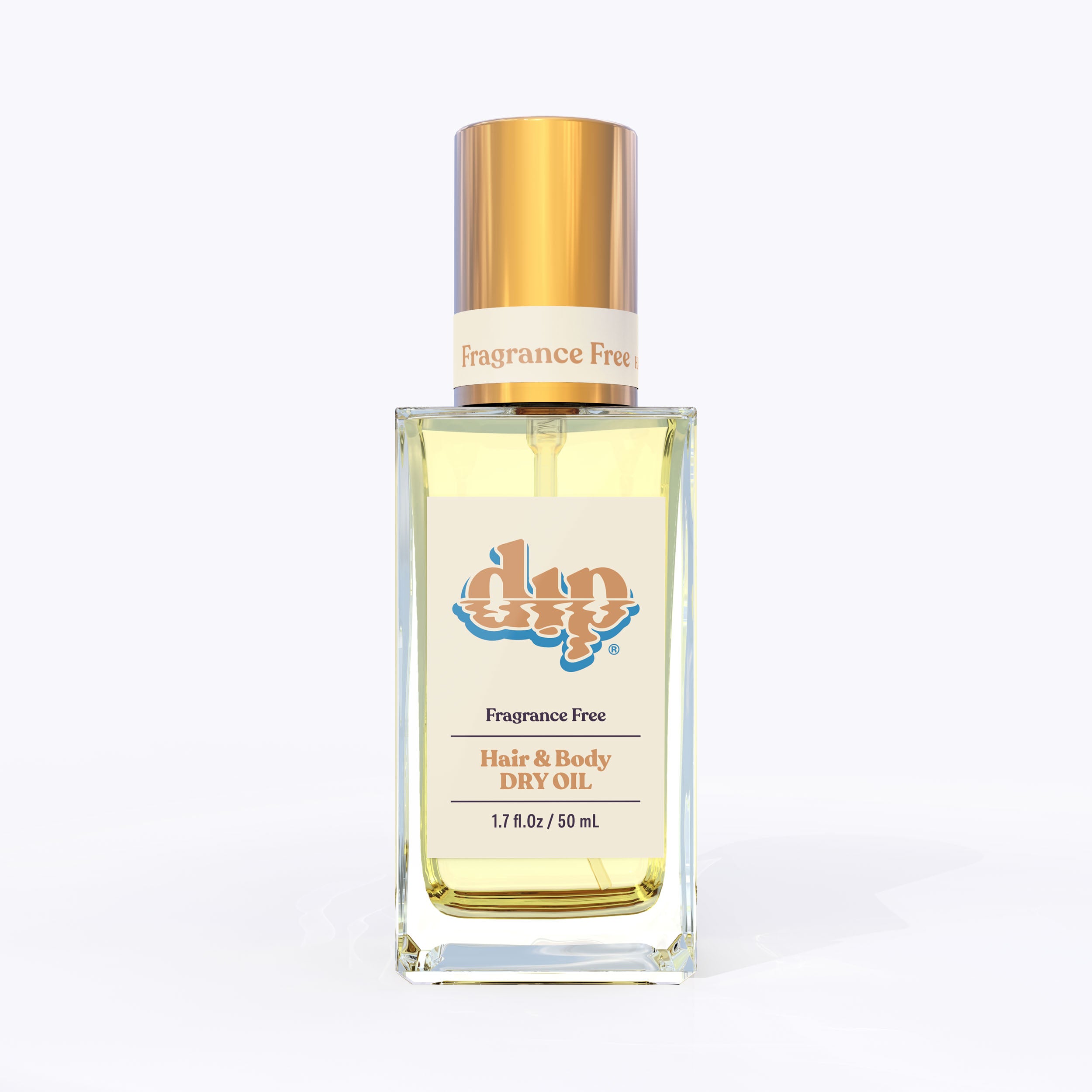 dip hair and body dry oil in a clear bottle with gold lid-unscented