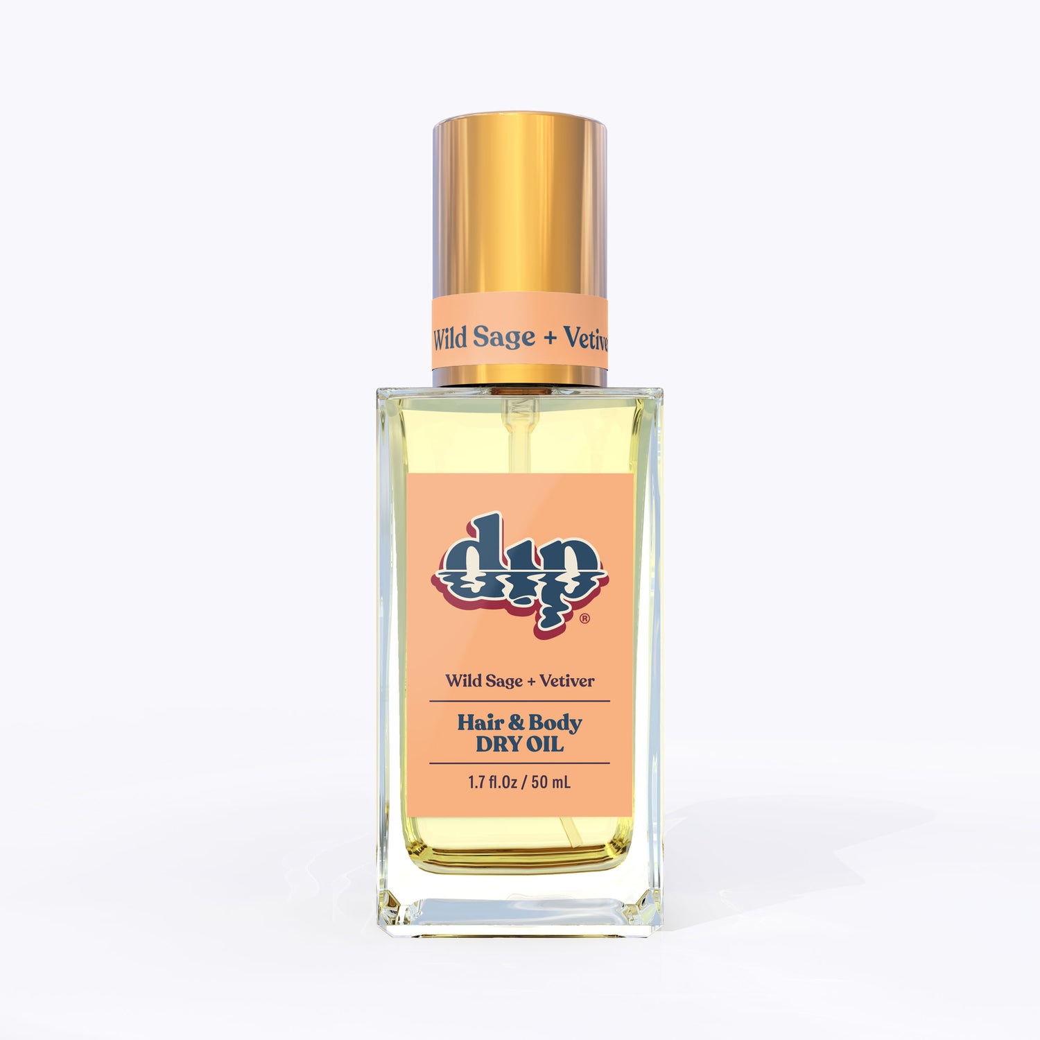 dip hair and body dry oil in a clear bottle with gold lid-wild sage vetiver