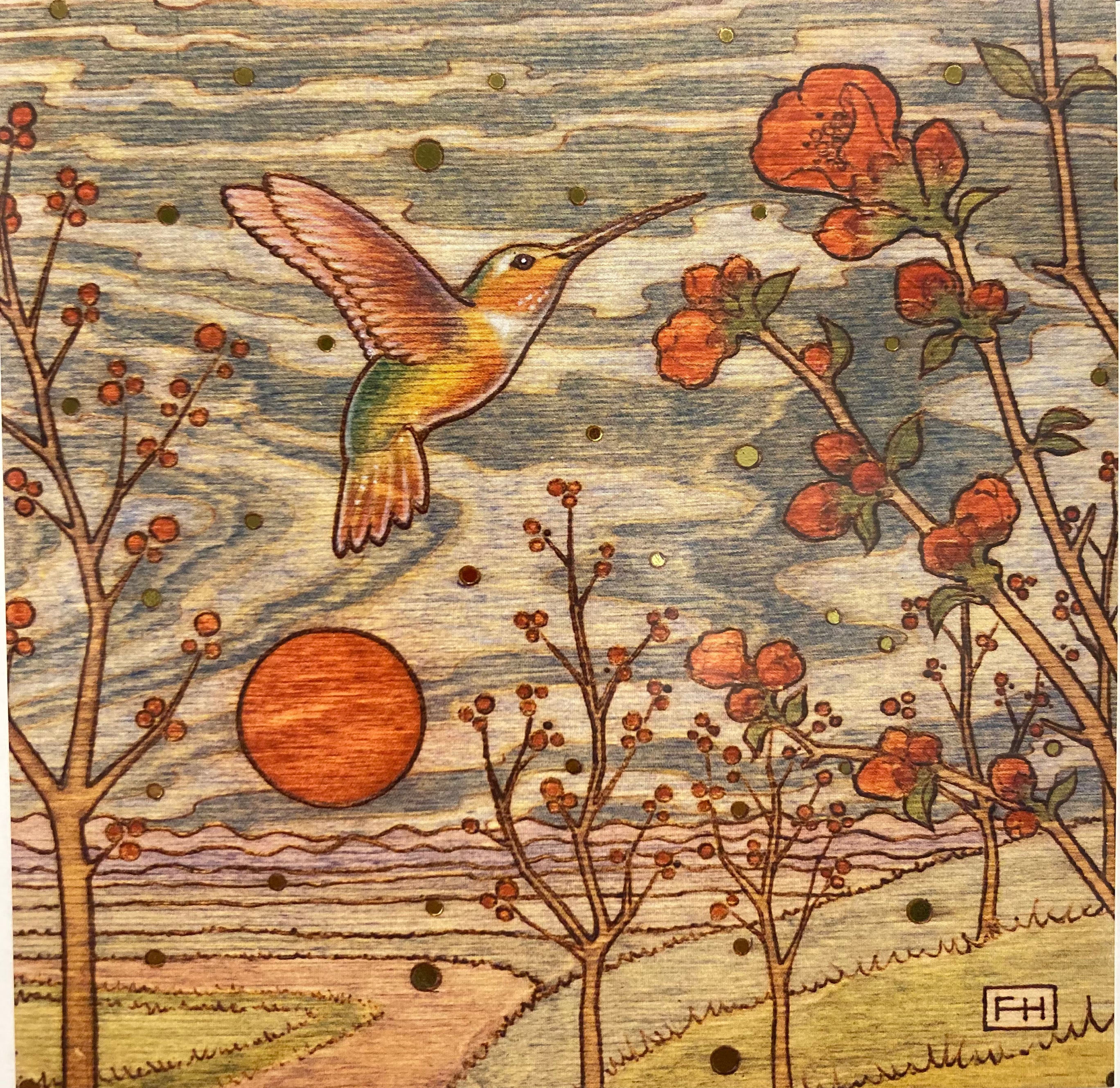 A colorful hummingbird hovers near an orange flower below a rust-red sun, with red-budded trees along a winding path. This warm, artistic scene appears on Artist Fay Helfer Greeting Cards by Fay Helfer.