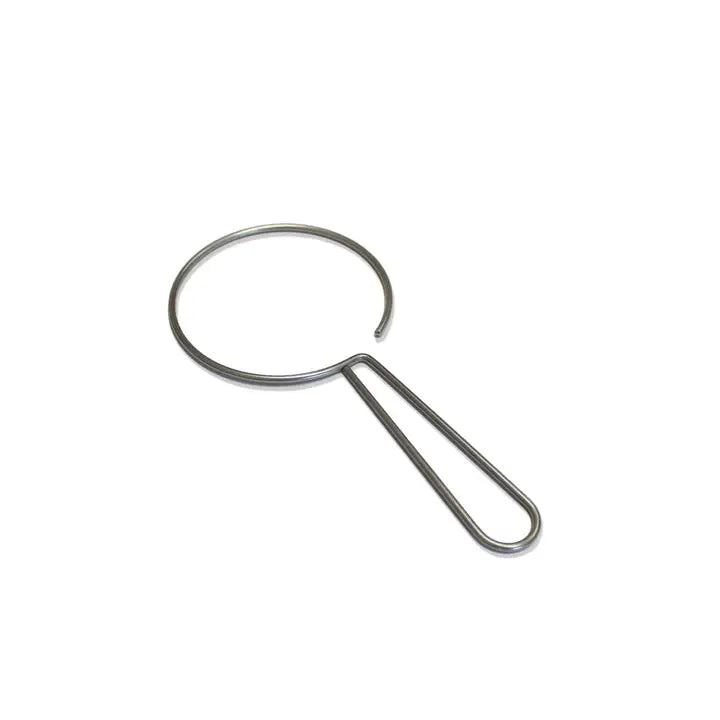 The GDS Cloth Goods Ebb Handheld Brewer is a metal wire tool with a circular loop and folded handle, perfect for holding a reusable coffee filter, shown on a white background.