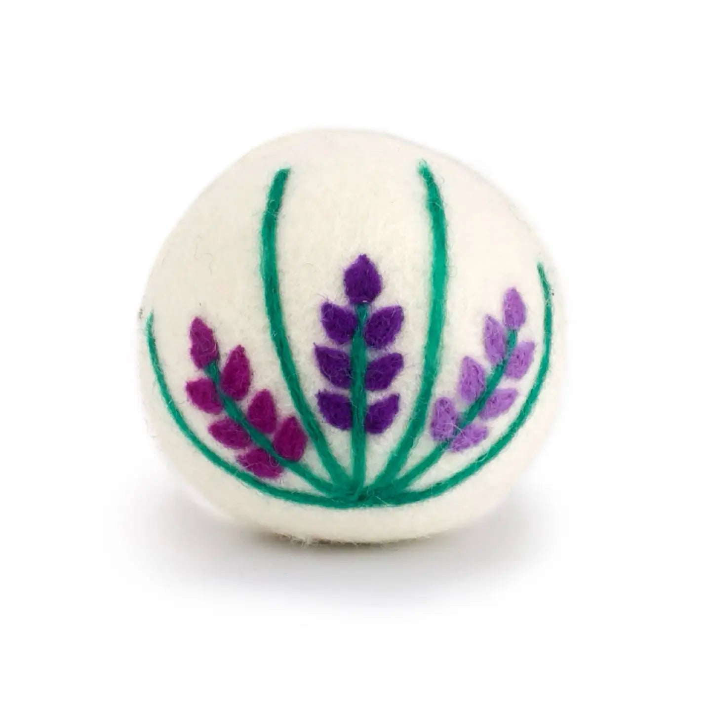 Round white dryer ball with lavender design on a white background