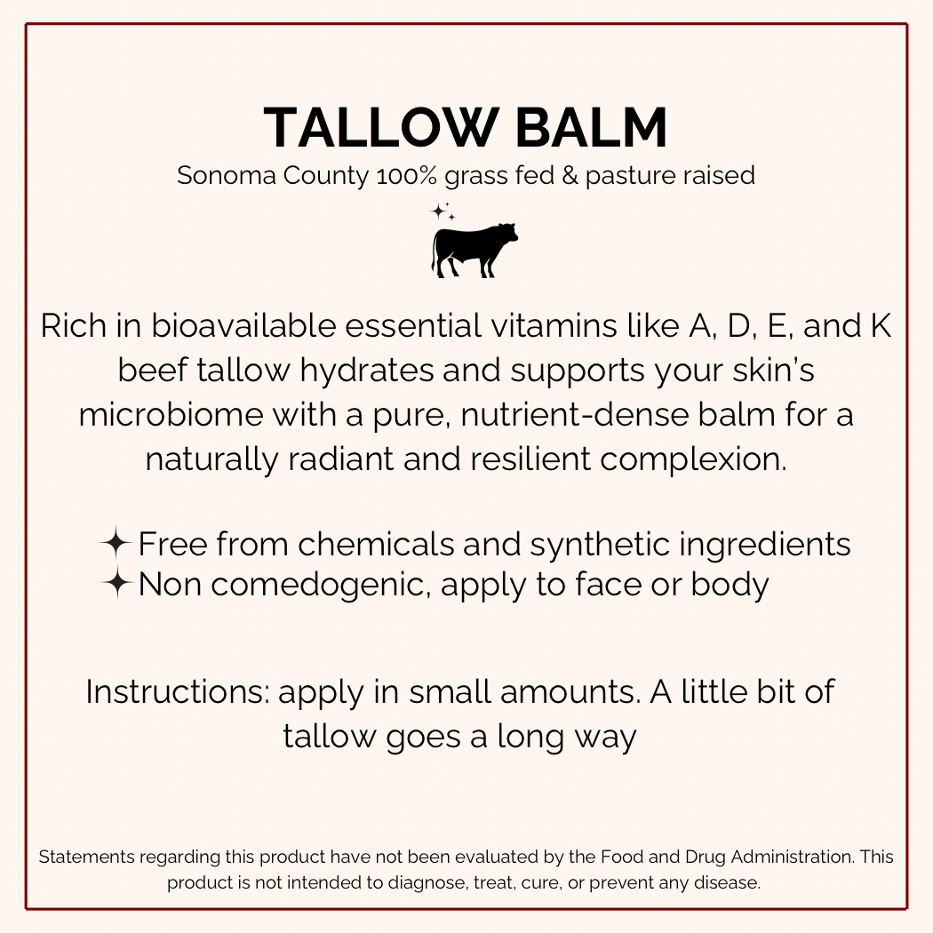 Product description of tallow balm with a cow icon and text about its benefits and usage.