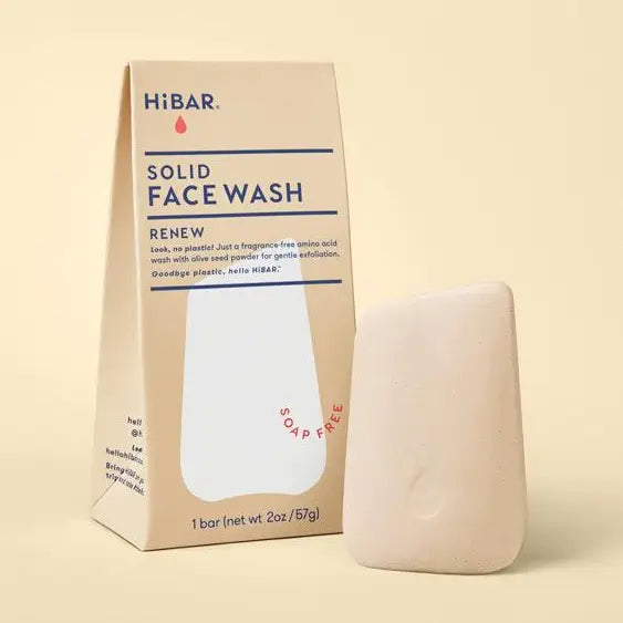 HiBAR solid face wash packaging and bar on a beige background