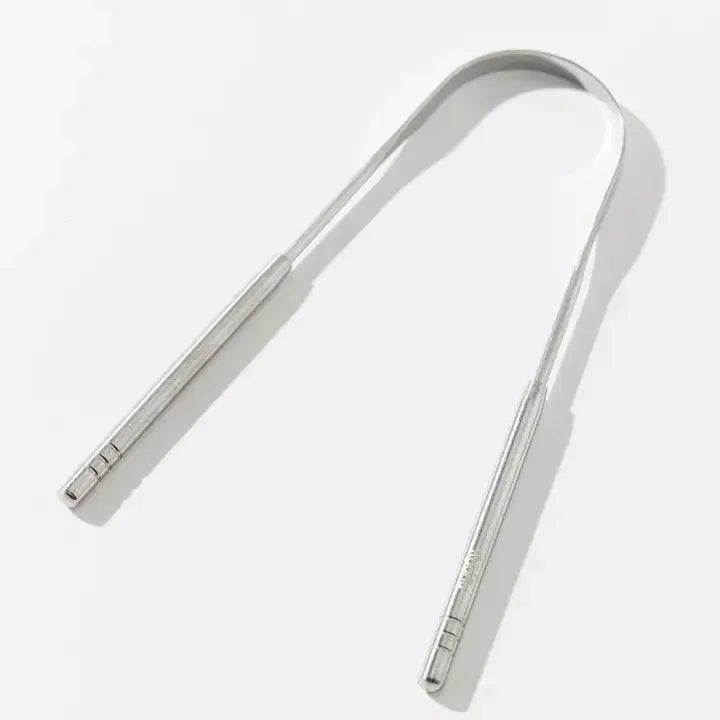 chrome tongue scraper with white background