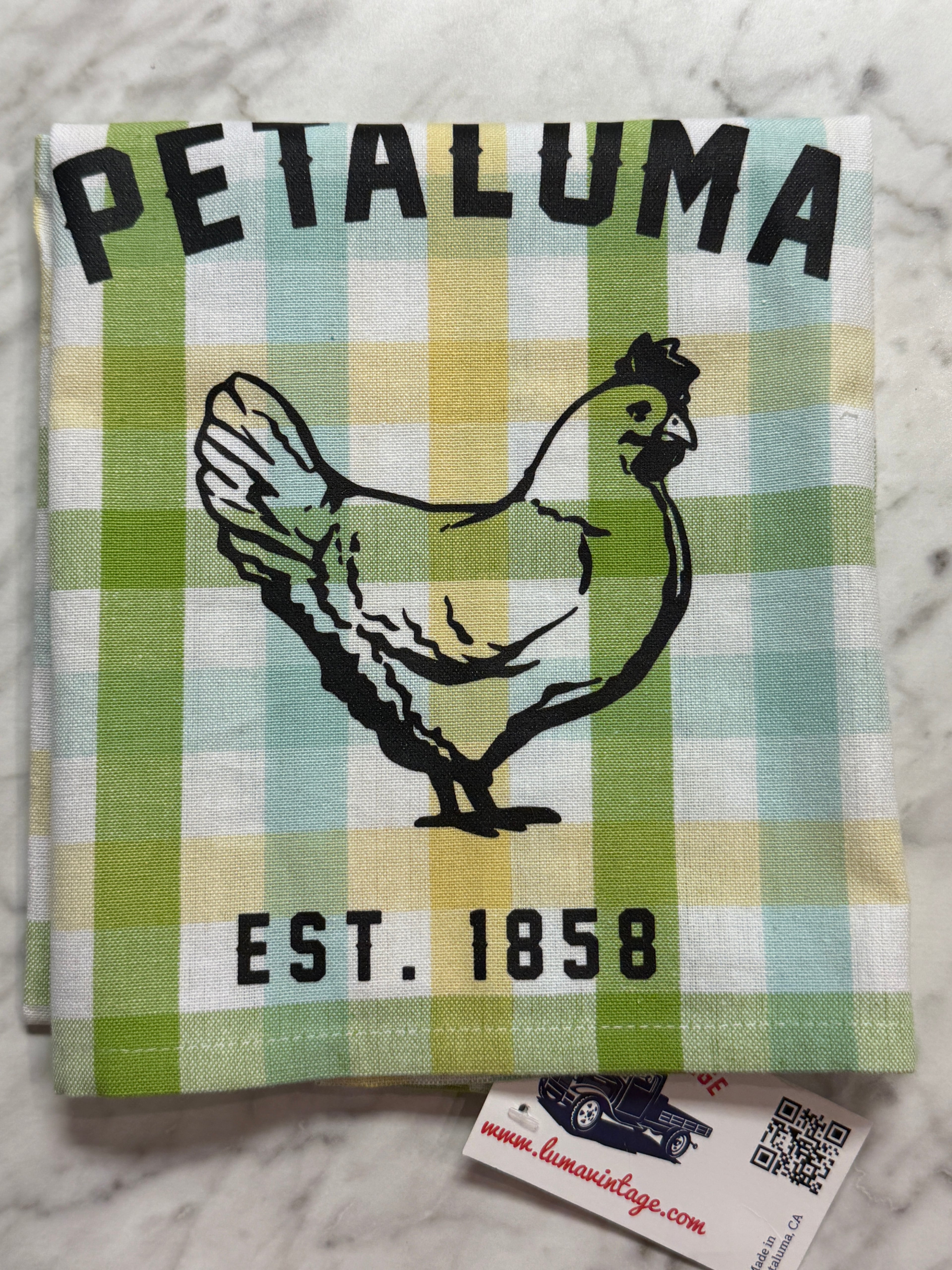 Checkered towel with a shrimp graphic and &