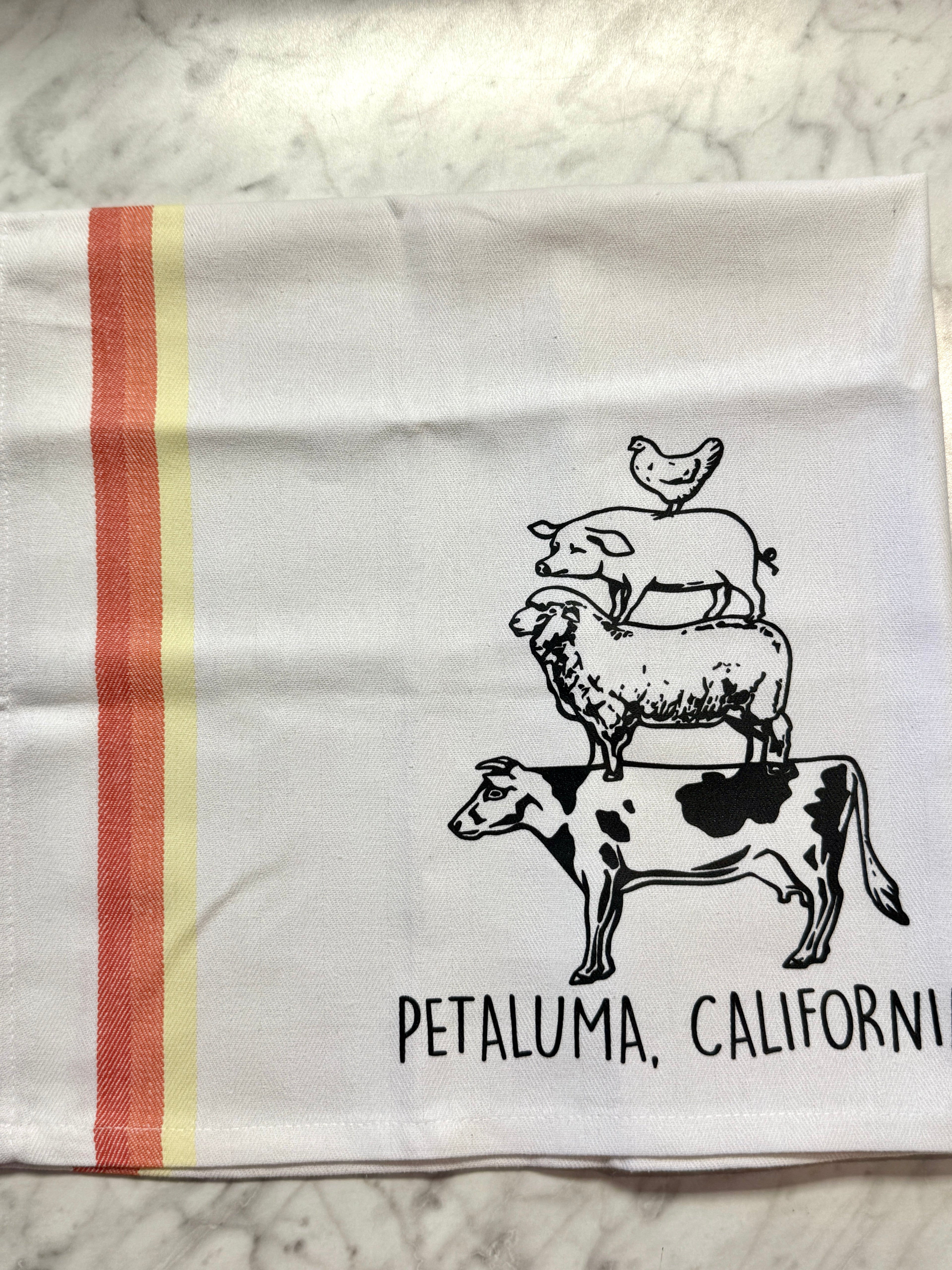 Tea towel with farm animal illustrations and &