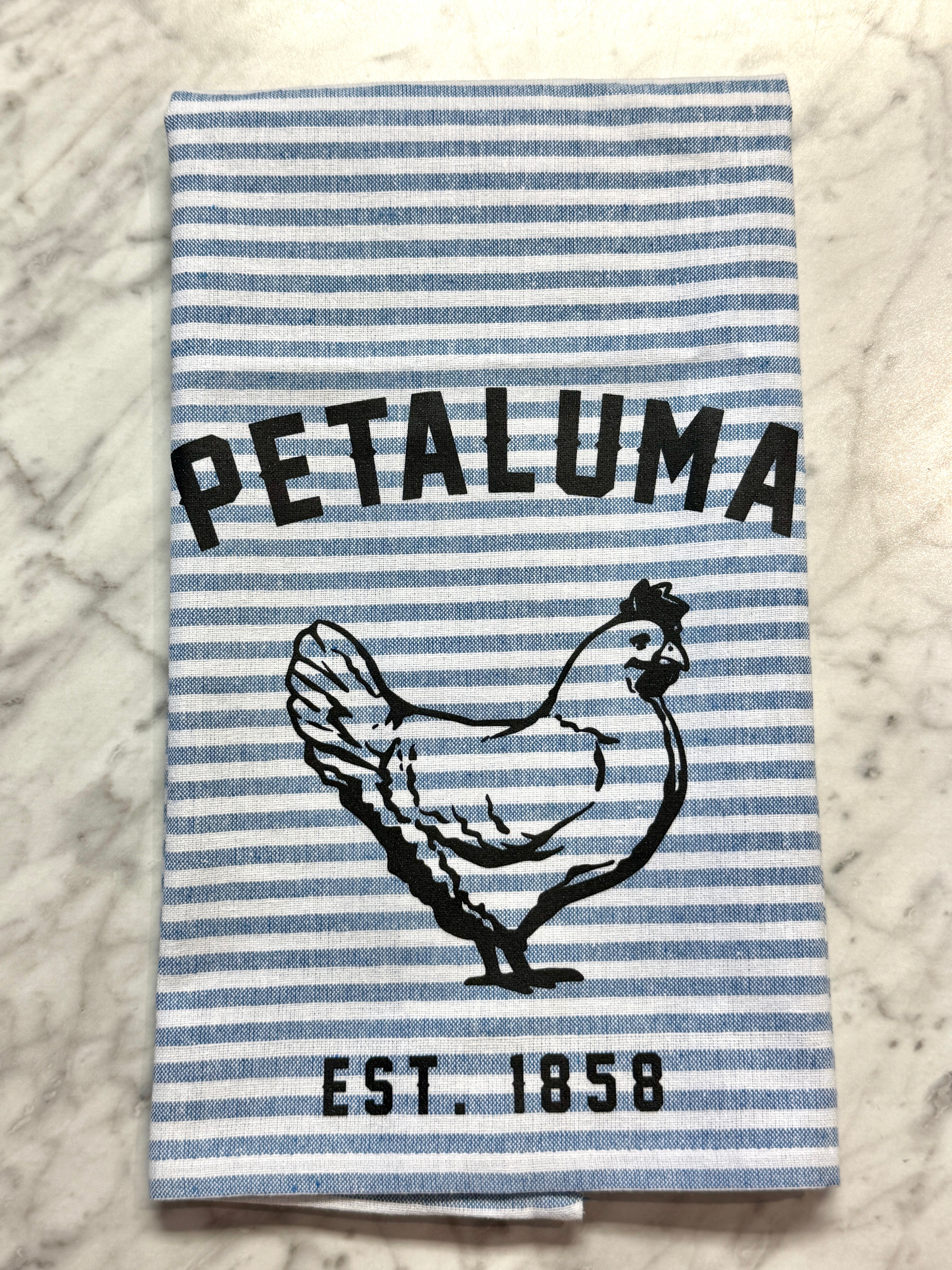 Striped towel with a chicken graphic and &