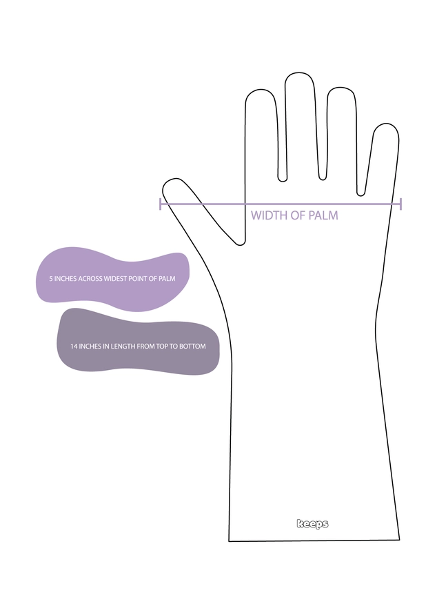 Line drawing of a hand with labels: Width of Palm, 5 inches across widest point of palm, and 14 inches in length from top to bottom. The Keeps brand name appears near the wrist, making this diagram ideal for selecting the right size Silicone Cleaning Gloves by Keeps.