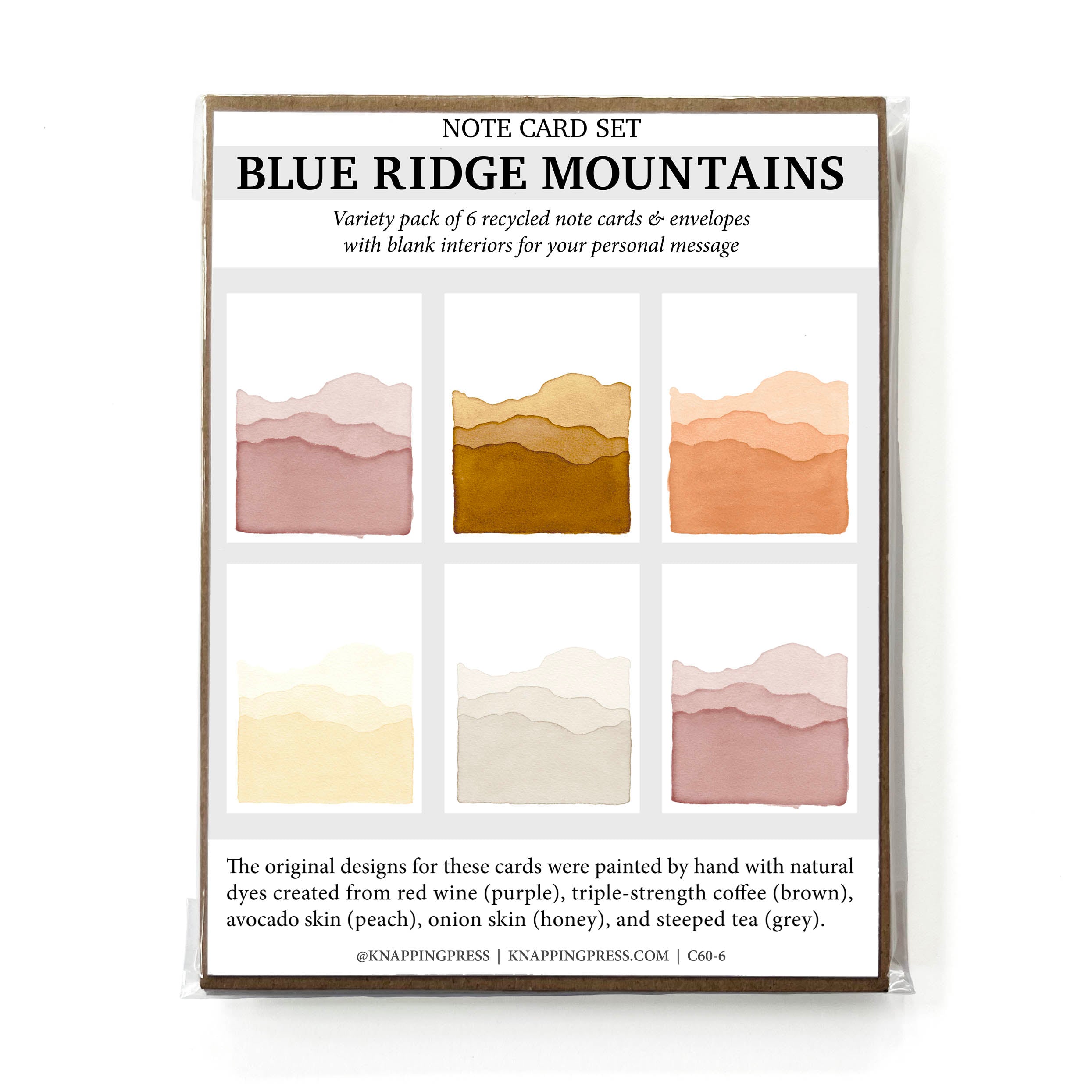 Packaging of Blue Ridge Mountains note card set with mountain landscape design.