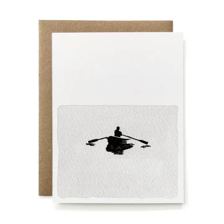 Greeting card with a silhouette of a person in a boat on a white background