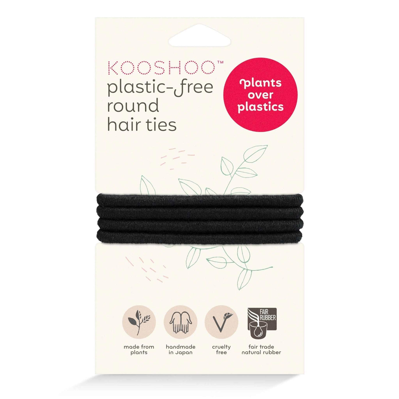 Kooshoo plastic-free round hair ties packaging with black hair ties on a white background