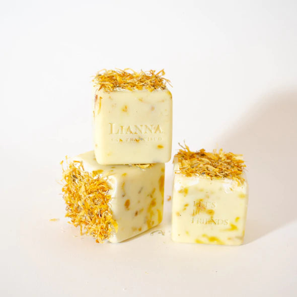 3 square lianna soap yellow with calendula flowers on top