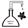 A black and white line drawing of a laboratory flask labeled Refill Merc, with a nozzle dripping liquid next to a simple flower illustration.
