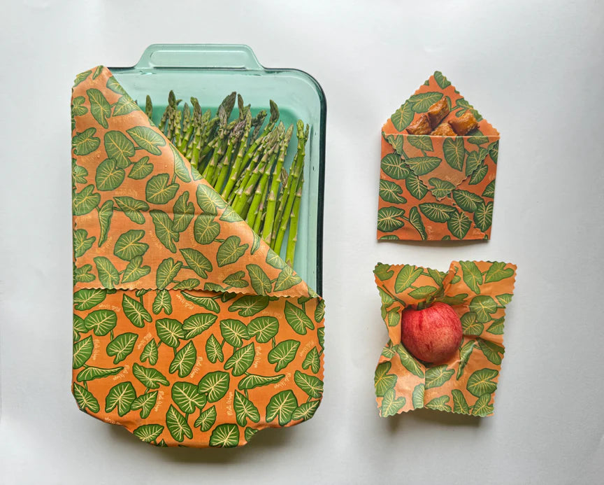A glass container of asparagus covered with a green, eco-friendly Meli Wraps Beeswax Wrap sits beside two smaller Meli Wraps Beeswax Wraps—one folded, the other holding a red apple—on a white background.