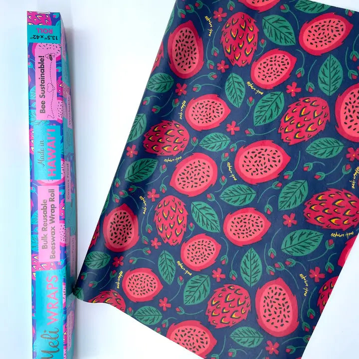 The Meli Wraps Beeswax Roll by Meli Wraps features a dark background with a vibrant strawberry and leaf pattern, shown beside its colorful packaging highlighting eco-friendly food storage and product details.