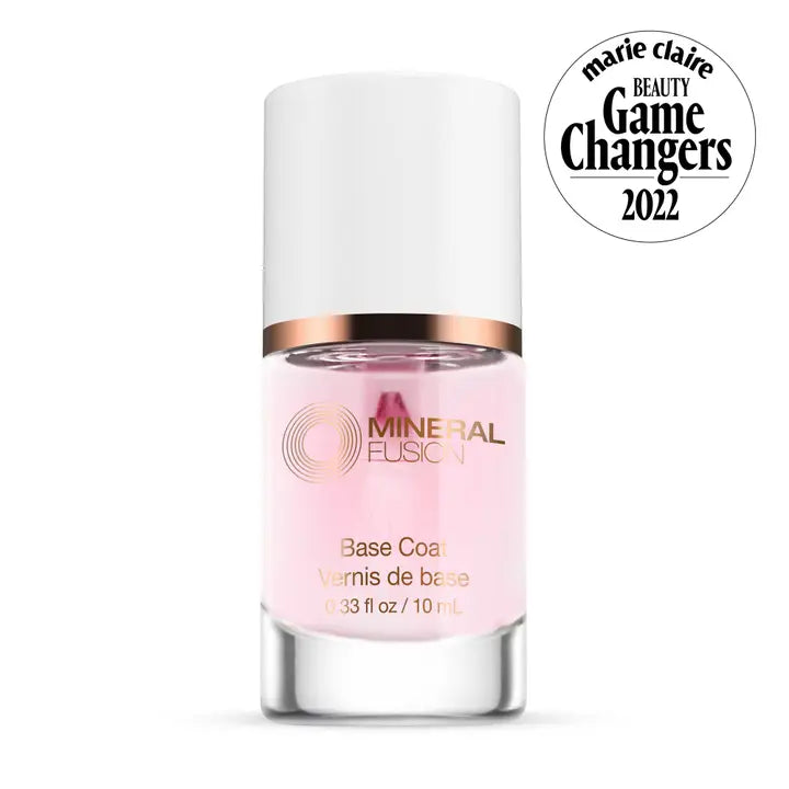 Mineral Fusion nail polish base coat bottle with Marie Claire Beauty Game Changers 2022 badge on a white background