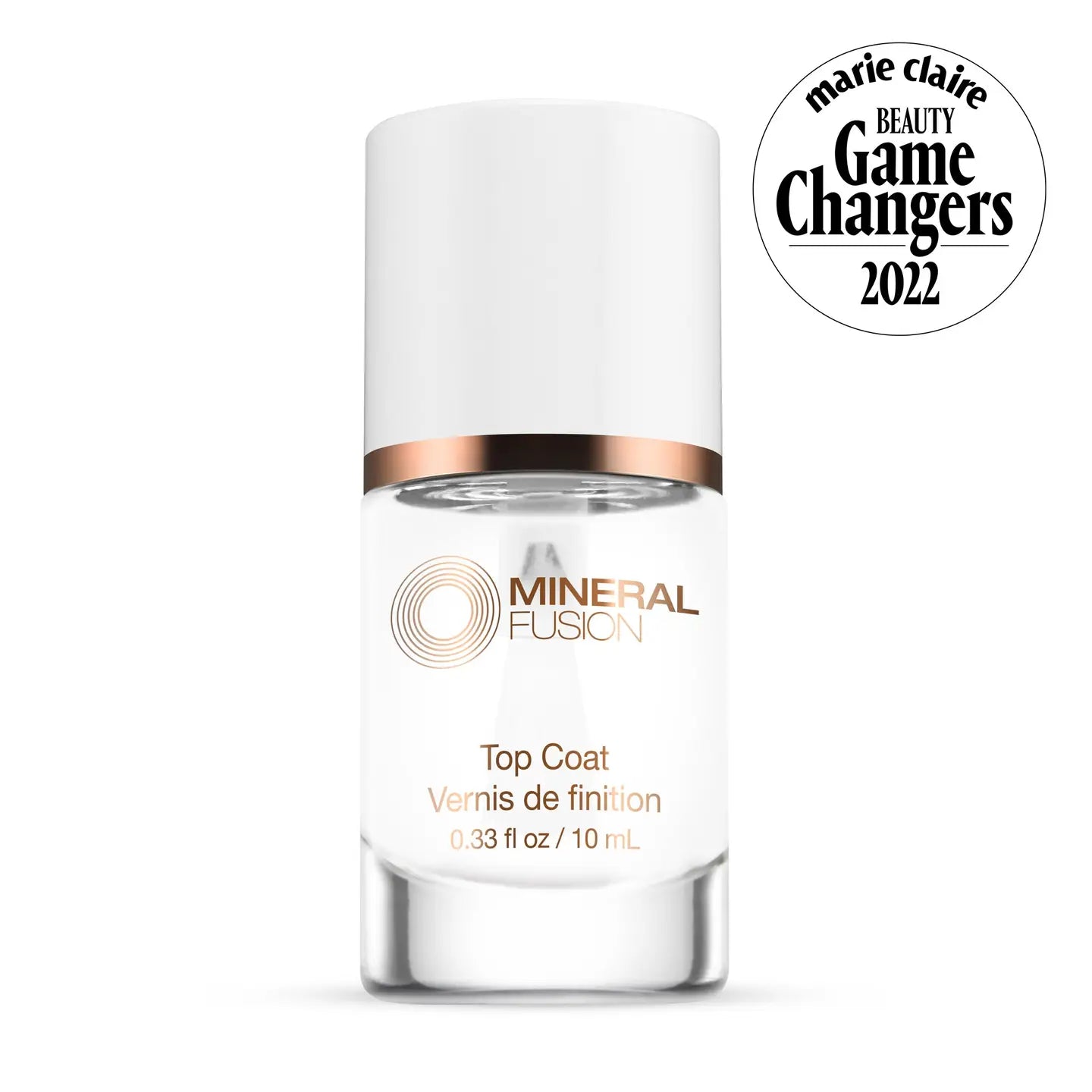 Mineral Fusion nail top coat bottle with Marie Claire Beauty Game Changers 2022 badge on a white background