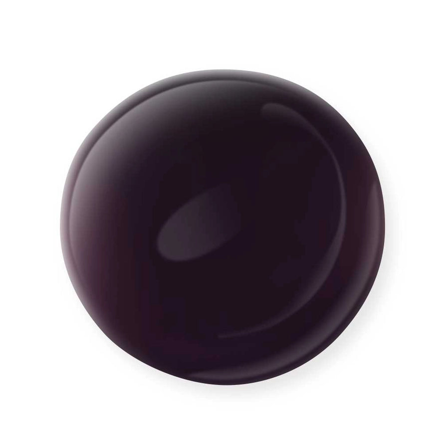 A glossy, dark purple or black circular blob with a smooth, reflective surface and subtle highlights—reminiscent of Mineral Fusion Nail Polish by Mineral Fusion—set against a white background.