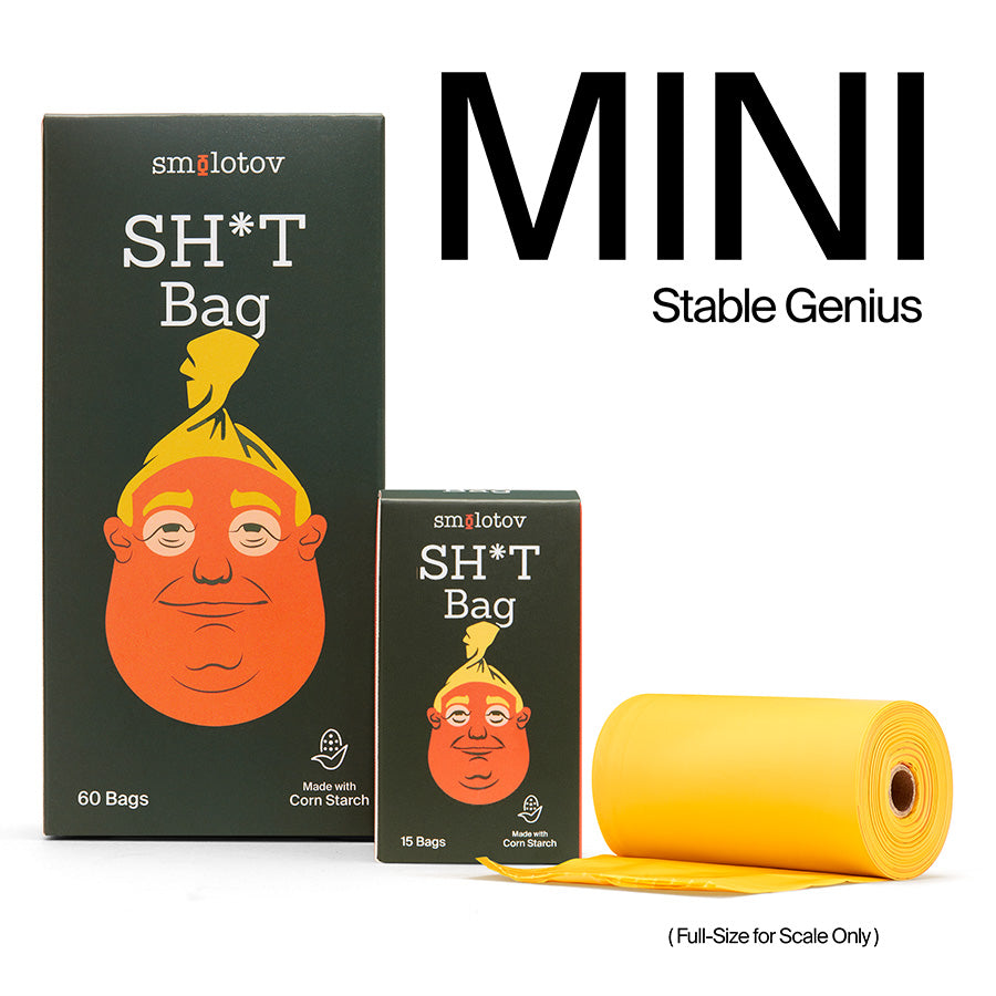 Sure! Here’s a rewritten version of the sentence using your product data: Two Smolotov Poop Bags boxes, one large and one small, each featuring a cartoon face and labeled “SH*T Bag,” are shown next to a yellow roll of plant-based bags. Text reads “MINI Stable Genius” and “Full-Size for Scale Only.”.