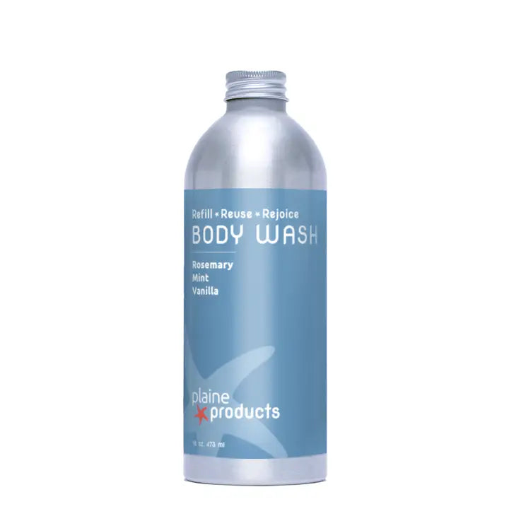 aluminum bottle with blue body wash label