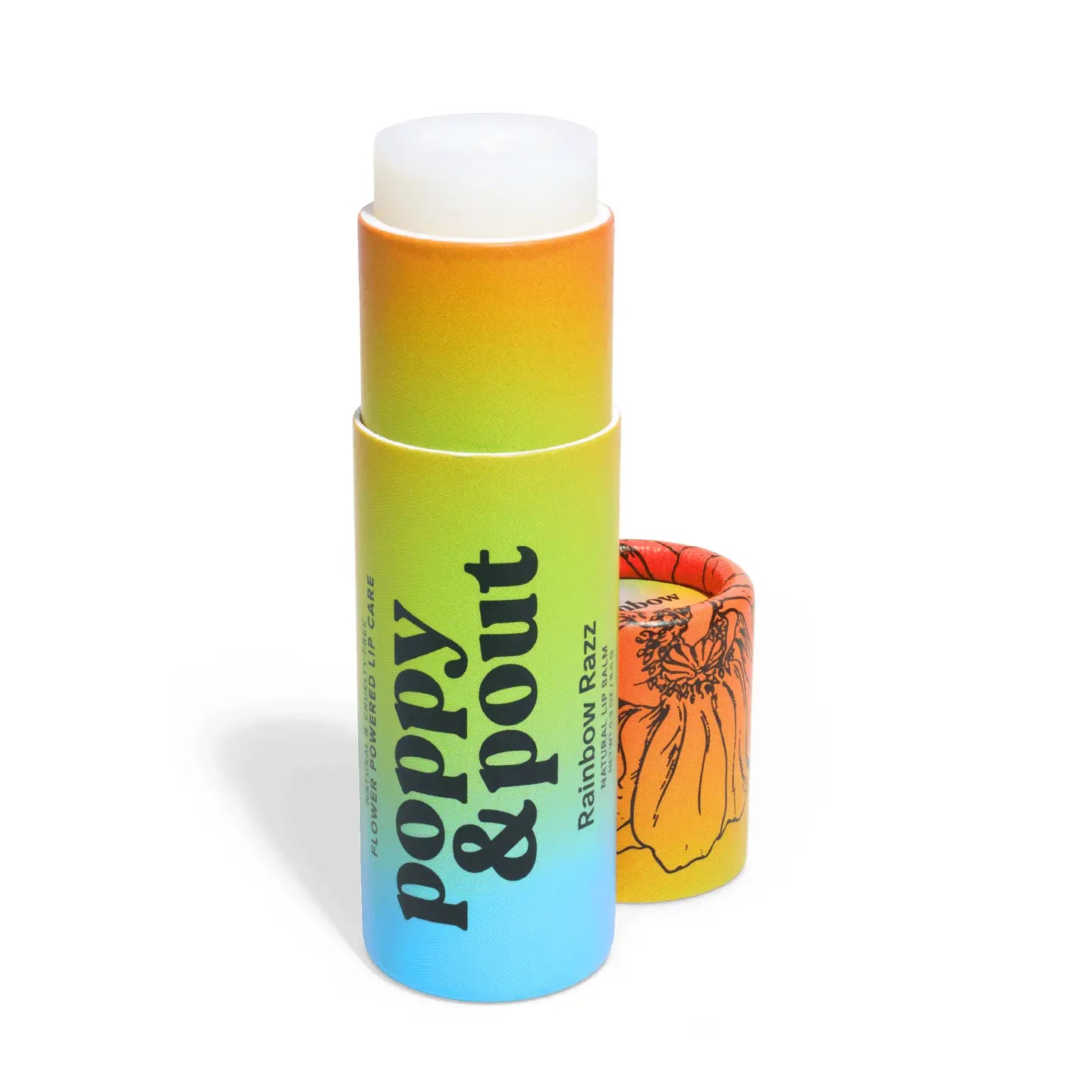 A vibrant tube of Poppy & Pout Lip Balm features bold black text and a floral-illustrated cap; the cruelty-free lip care essential comes in a gradient yellow, green, and blue design from Poppy & Pout.